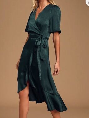 Lulu's Wrapped Up In Love Deep Green High Low Wrap Midi Dress with Tie Waist
